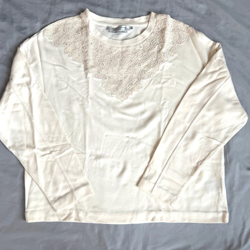 Contemporaine Cream, Lace Neck Trim, Long Sleeve, Scoop Neck Shirt- M